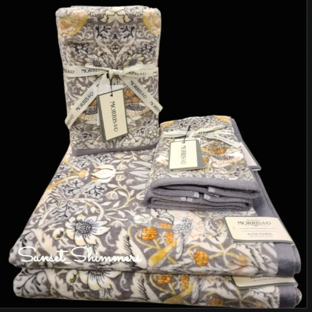 6pc Morris & Co Strawberry Thief Bird & Floral Velour Bath Hand Tip Towel Set